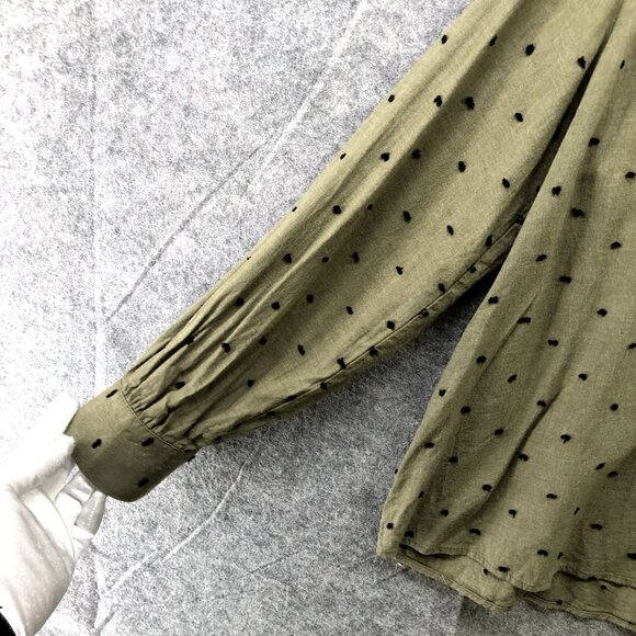 Zara Long Sleeve Blouse Womens S Olive Green High Neck Keyhole Swiss Dot - Picture 7 of 9